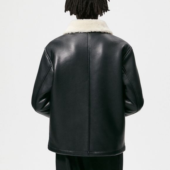 Zara men's double faced black leather jacket coat - Picture 10 of 10